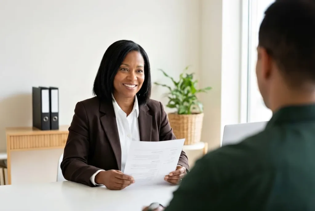 Visa interview: Woman, professional and interview