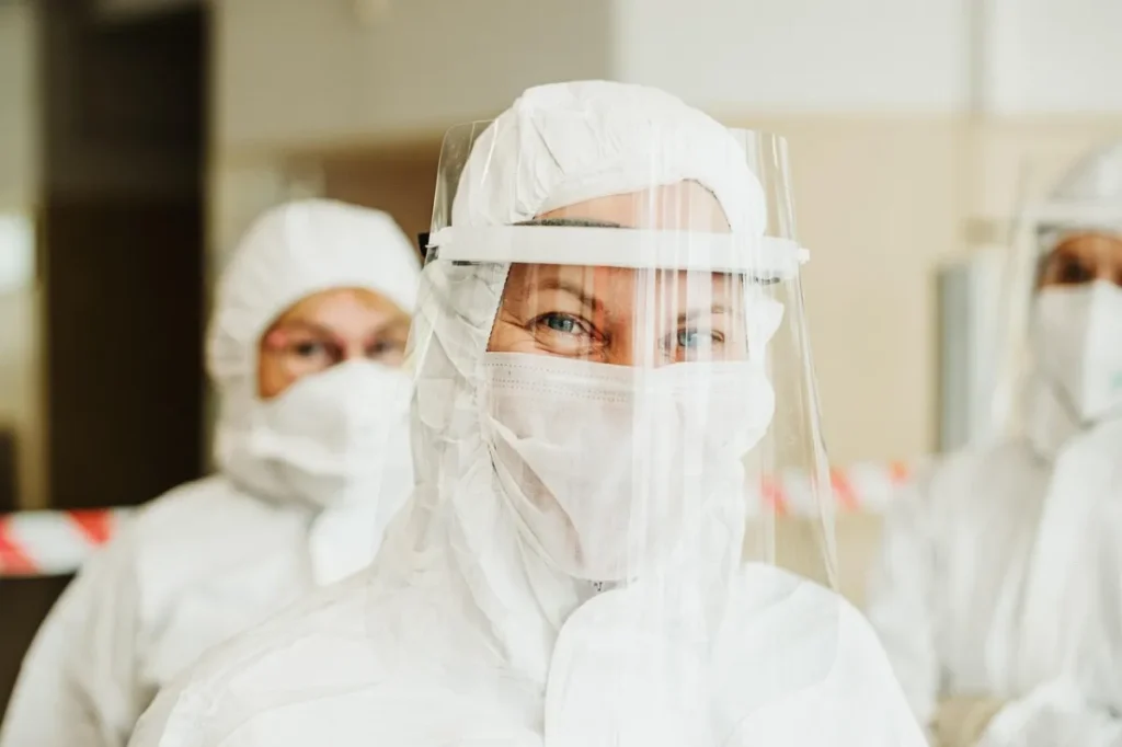 Public health insurance: protective suit, face mask and face shield